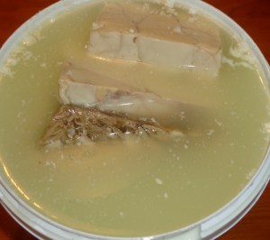 Food preserved and fermented in whey.