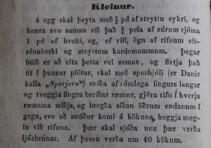A recipe for the very popular kleinur (twisted doughnuts) from Ný matreiðslubók (1858).
